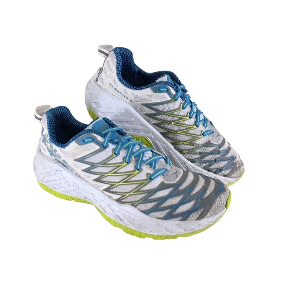 Hoka One Clayton 2 Womens 8 Running Shoes White Blue Yellow Gym Workout